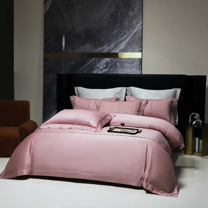 91家纺网 家纺一手货源 找家纺 OL家纺 2023新款100支双股长绒棉床盖夹棉提花四件套 华尔兹-豆沙粉