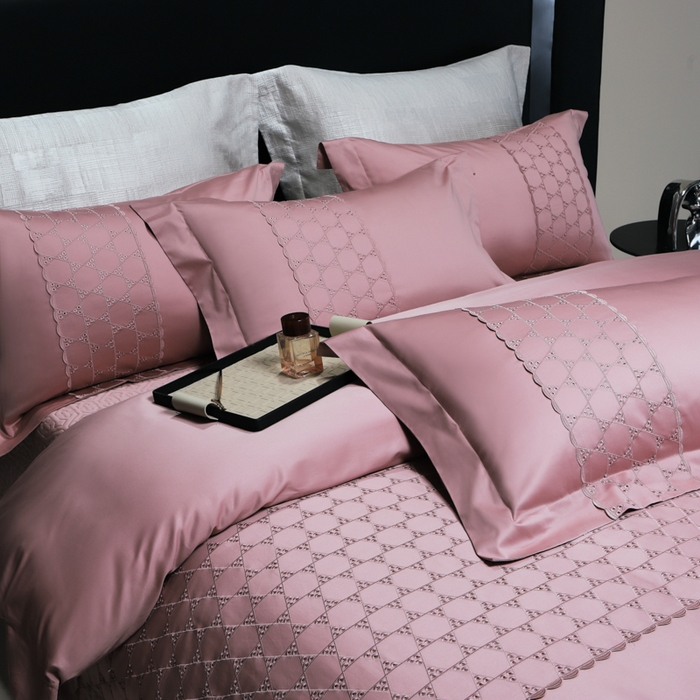 91家纺网 家纺一手货源 找家纺 OL家纺 2023新款100支双股长绒棉床盖夹棉提花四件套 华尔兹-豆沙粉