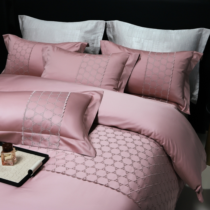 91家纺网 家纺一手货源 找家纺 OL家纺 2023新款100支双股长绒棉床盖夹棉提花四件套 华尔兹-豆沙粉