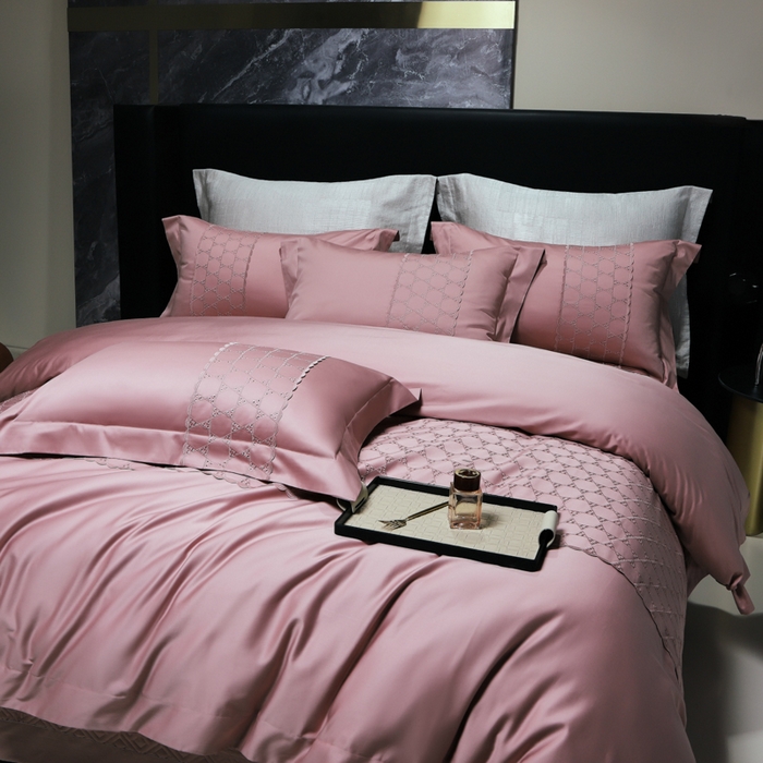 91家纺网 家纺一手货源 找家纺 OL家纺 2023新款100支双股长绒棉床盖夹棉提花四件套 华尔兹-豆沙粉