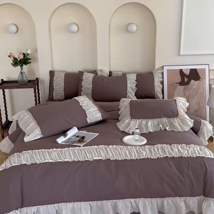 91家纺网 家纺一手货源 找家纺 朗莎家纺 2023新款全棉水洗棉法式四件套 露华浓-咖