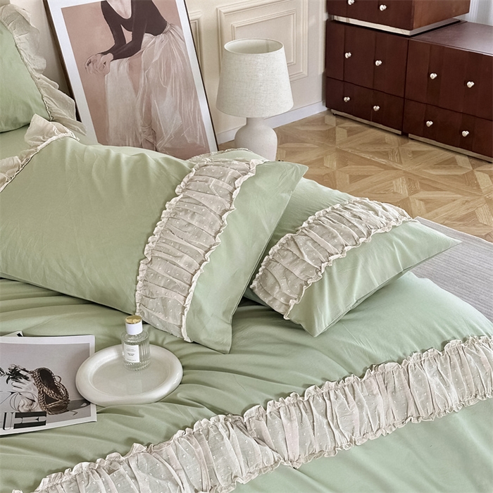 91家纺网 家纺一手货源 找家纺 朗莎家纺 2023新款全棉水洗棉法式四件套 露华浓-绿