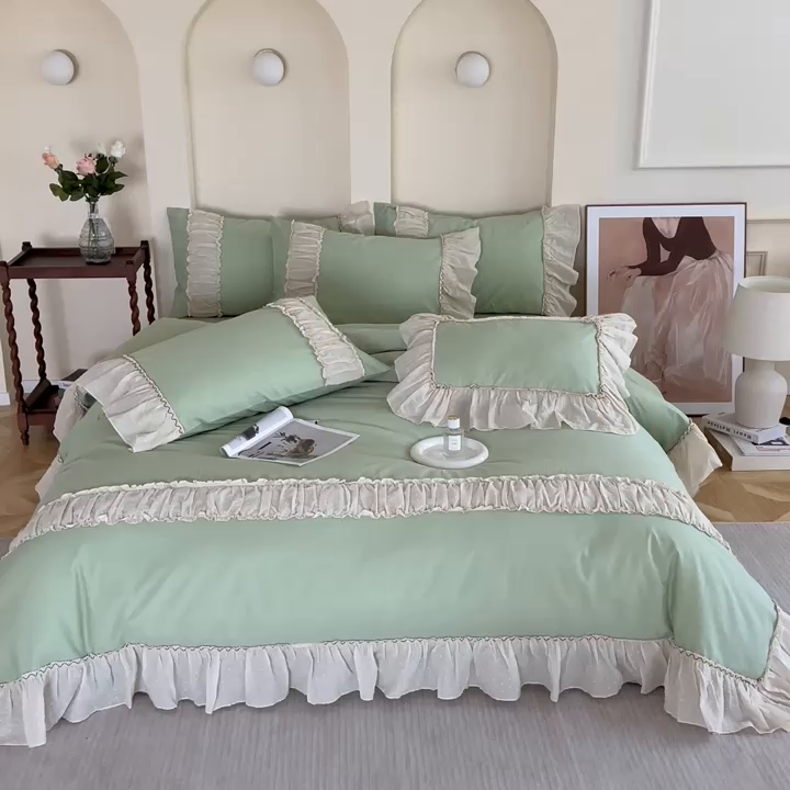 91家纺网 家纺一手货源 找家纺 朗莎家纺 2023新款全棉水洗棉法式四件套 露华浓-绿