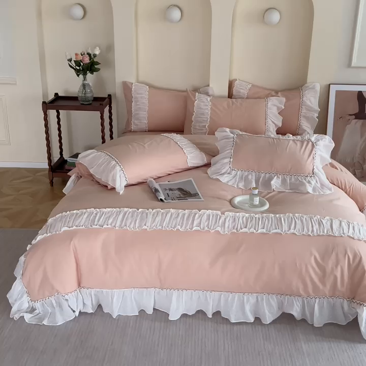 91家纺网 家纺一手货源 找家纺 朗莎家纺 2023新款全棉水洗棉法式四件套 露华浓-玉