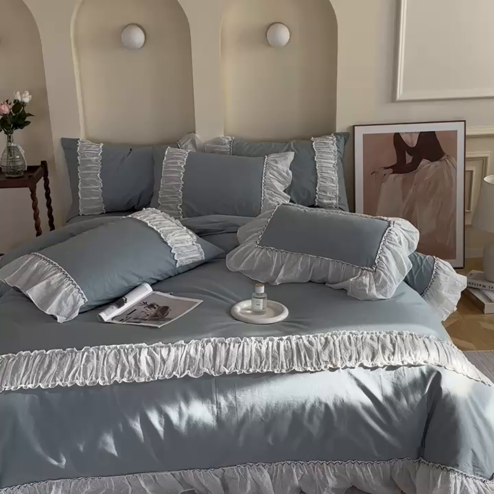 91家纺网 家纺一手货源 找家纺 朗莎家纺 2023新款全棉水洗棉法式四件套 露华浓-兰