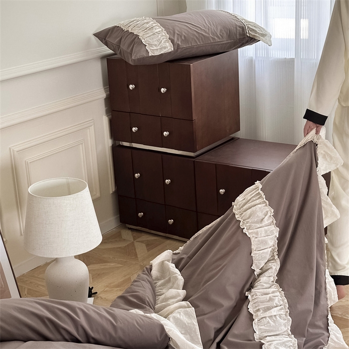 91家纺网 家纺一手货源 找家纺 朗莎家纺 2023新款全棉水洗棉法式四件套 露华浓-咖