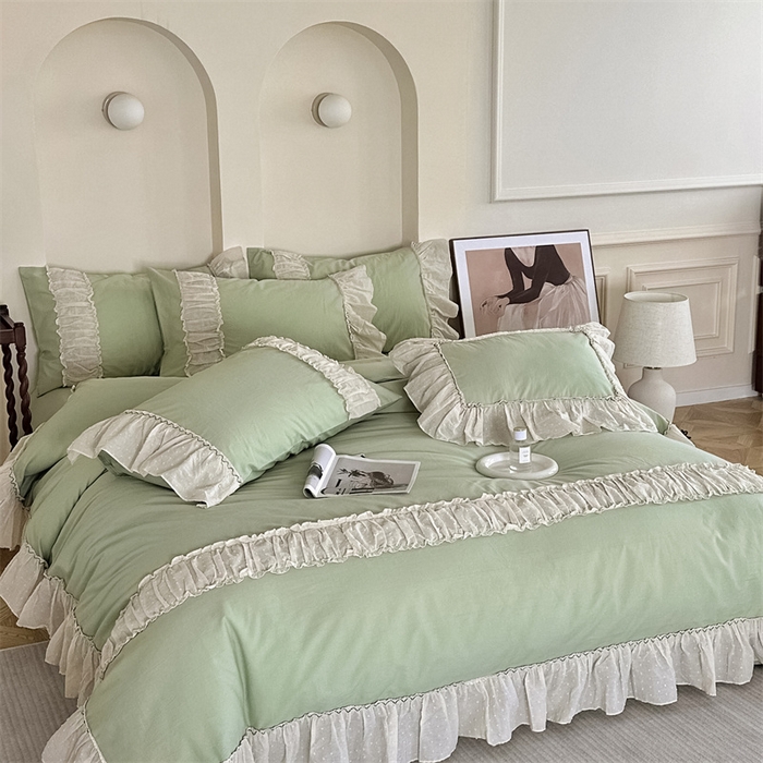 91家纺网 家纺一手货源 找家纺 朗莎家纺 2023新款全棉水洗棉法式四件套 露华浓-绿