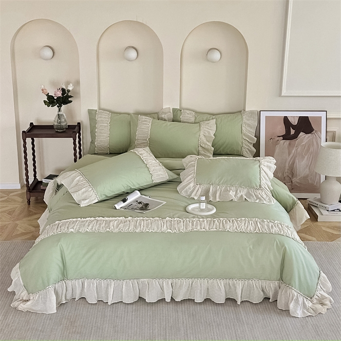 91家纺网 家纺一手货源 找家纺 朗莎家纺 2023新款全棉水洗棉法式四件套 露华浓-绿