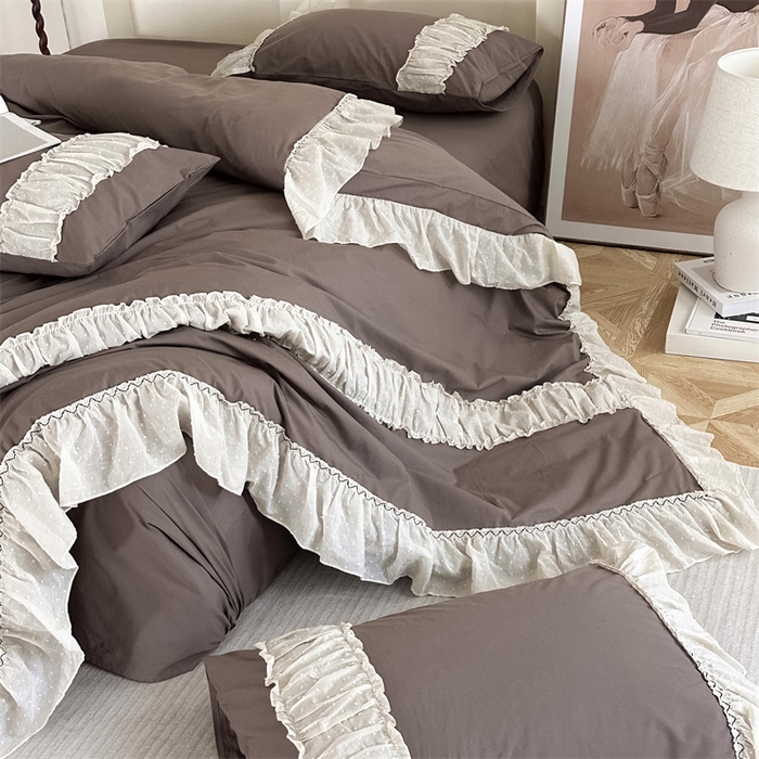 91家纺网 家纺一手货源 找家纺 朗莎家纺 2023新款全棉水洗棉法式四件套 露华浓-咖