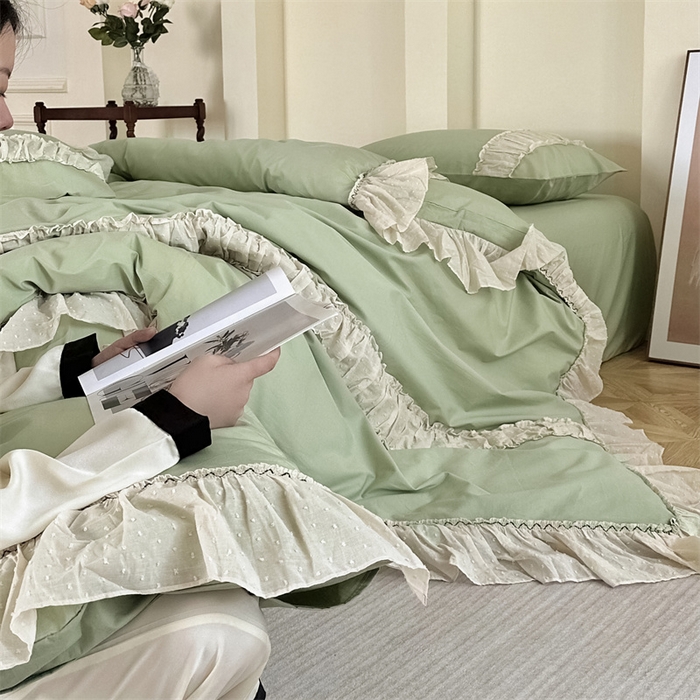 91家纺网 家纺一手货源 找家纺 朗莎家纺 2023新款全棉水洗棉法式四件套 露华浓-绿