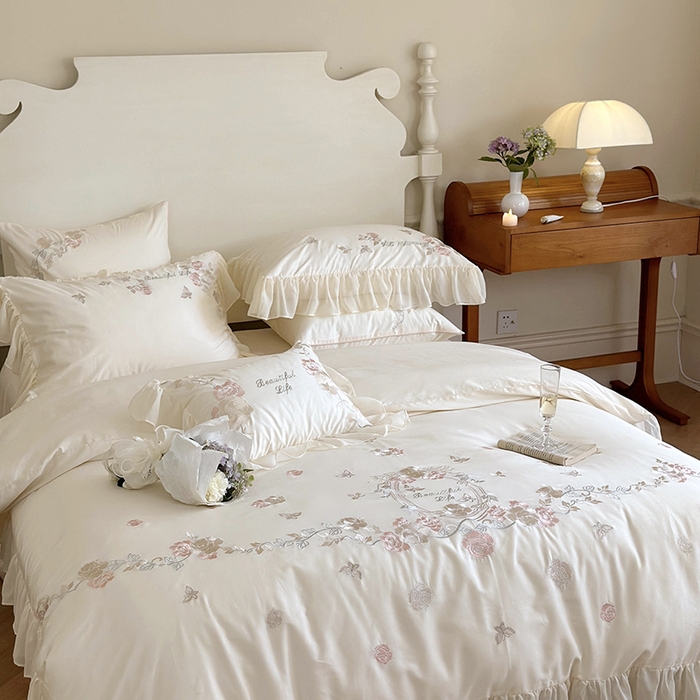 91家纺网 家纺一手货源 找家纺 MIU缪家居 2023新款100s全棉四件套-浪漫主义-风格一 白