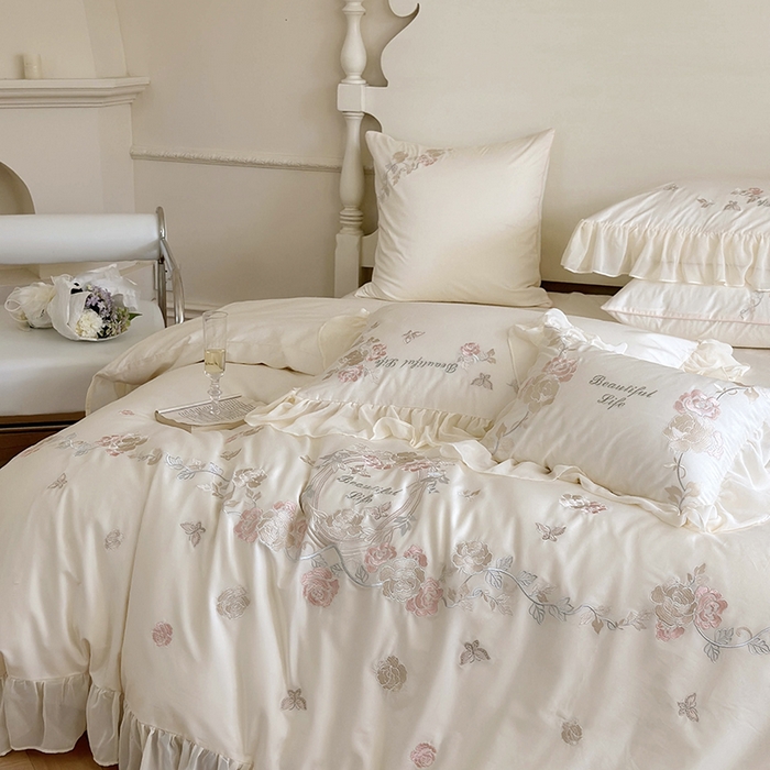 91家纺网 家纺一手货源 找家纺 MIU缪家居 2023新款100s全棉四件套-浪漫主义-风格一 白