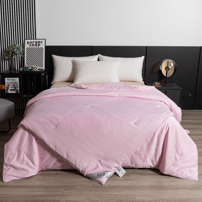 91家纺网 家纺一手货源 找家纺 恒鑫2025新款纯色全棉蚕丝被春秋被 夏被 加厚冬被拉链子母被 粉色