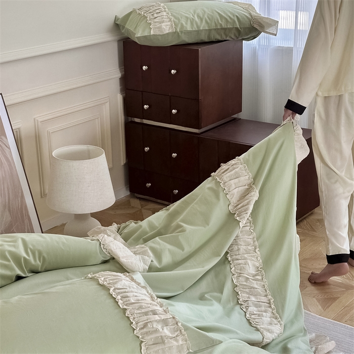 91家纺网 家纺一手货源 找家纺 朗莎家纺 2023新款全棉水洗棉法式四件套 露华浓-绿