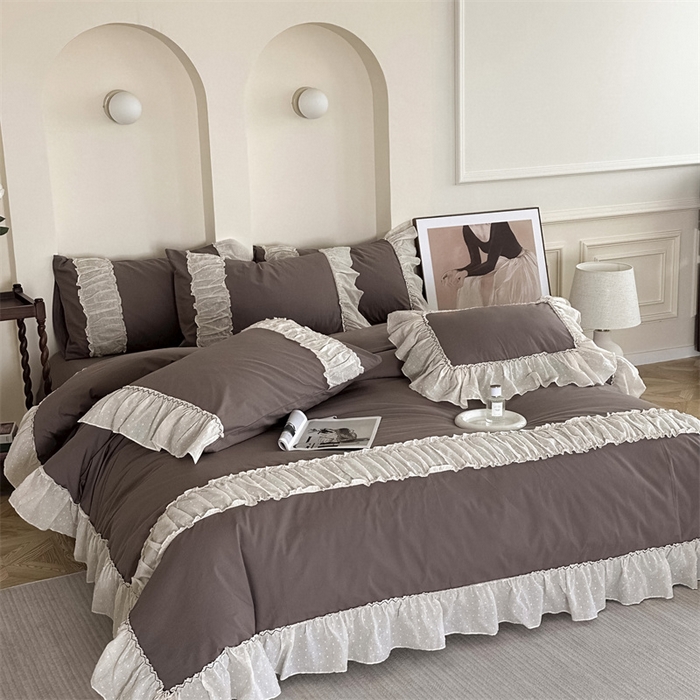 91家纺网 家纺一手货源 找家纺 朗莎家纺 2023新款全棉水洗棉法式四件套 露华浓-咖