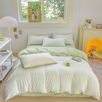 千朵 2023新款全棉色织条纹四件套 色织条纹绿