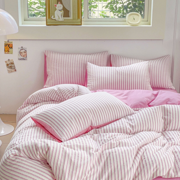 91家纺网 家纺一手货源 找家纺 千朵 2023新款全棉色织条纹四件套 色织条纹玫红