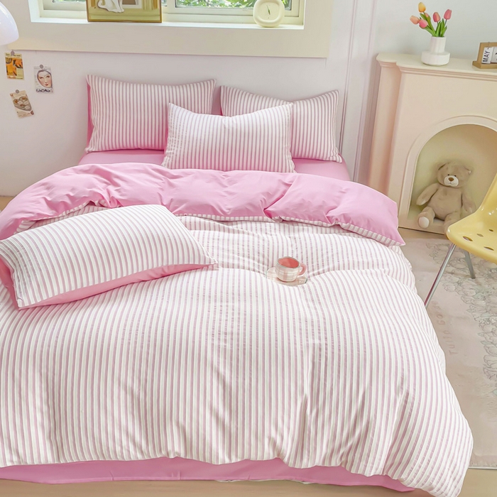 91家纺网 家纺一手货源 找家纺 千朵 2023新款全棉色织条纹四件套 色织条纹玫红