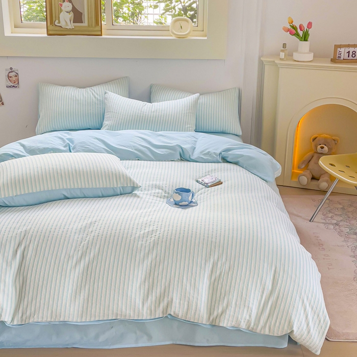 91家纺网 家纺一手货源 找家纺 千朵 2023新款全棉色织条纹四件套 色织条纹蓝