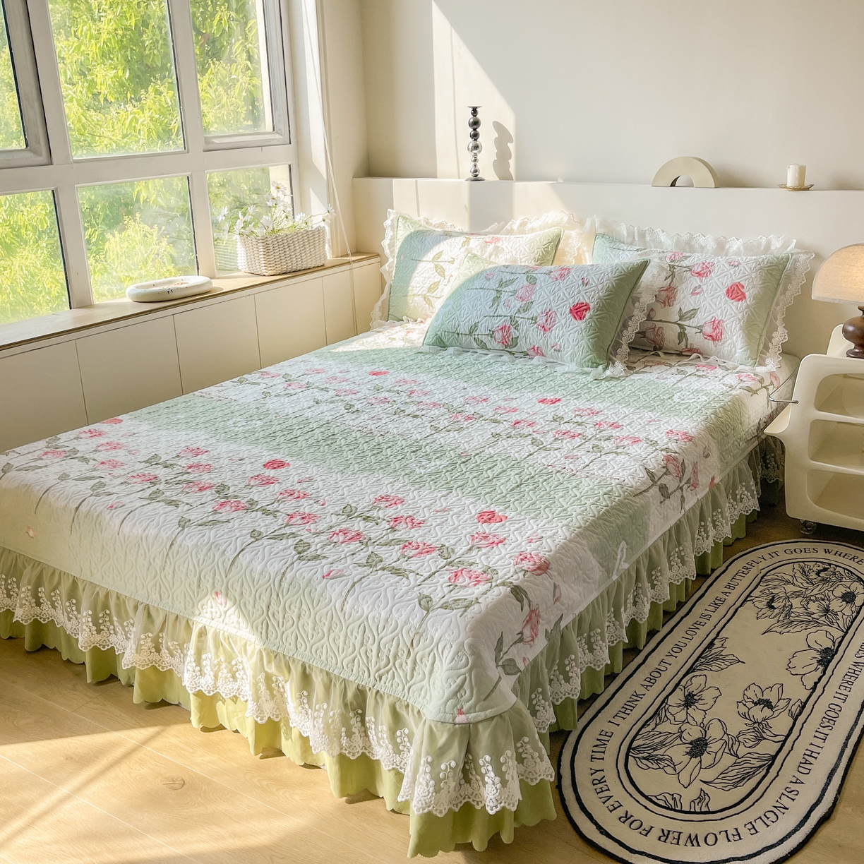 91家纺网 家纺一手货源 找家纺 添越2024小清新韩版蕾丝款花边纯棉夹棉床盖三件套全棉 玫瑰之约蕾丝款