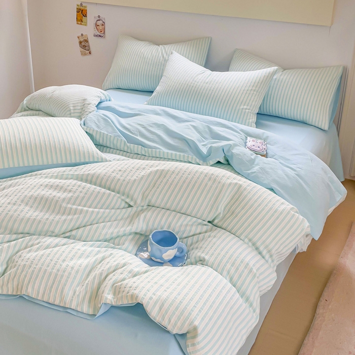 91家纺网 家纺一手货源 找家纺 千朵 2023新款全棉色织条纹四件套 色织条纹蓝