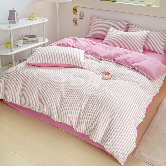 91家纺网 家纺一手货源 找家纺 千朵 2023新款全棉色织条纹四件套 色织条纹玫红