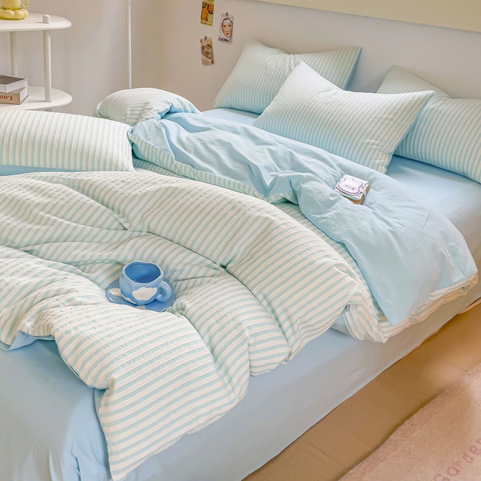 91家纺网 家纺一手货源 找家纺 千朵 2023新款全棉色织条纹四件套 色织条纹蓝