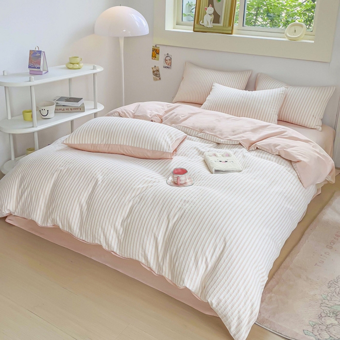 91家纺网 家纺一手货源 找家纺 千朵 2023新款全棉色织条纹四件套 色织条纹粉玉