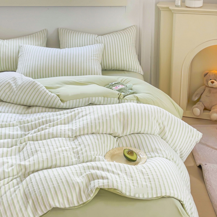 91家纺网 家纺一手货源 找家纺 千朵 2023新款全棉色织条纹四件套 色织条纹绿