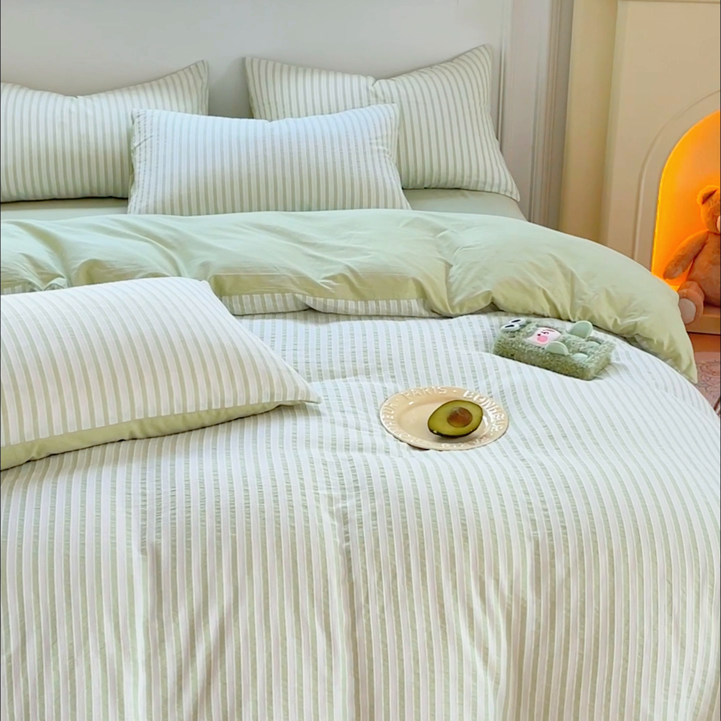 91家纺网 家纺一手货源 找家纺 千朵 2023新款全棉色织条纹四件套 色织条纹绿