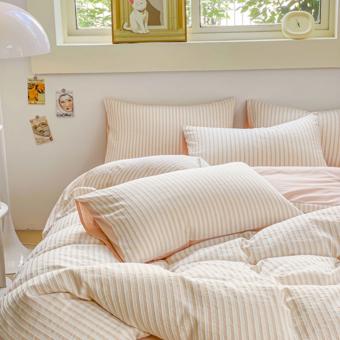 91家纺网 家纺一手货源 找家纺 千朵 2023新款全棉色织条纹四件套 色织条纹粉玉