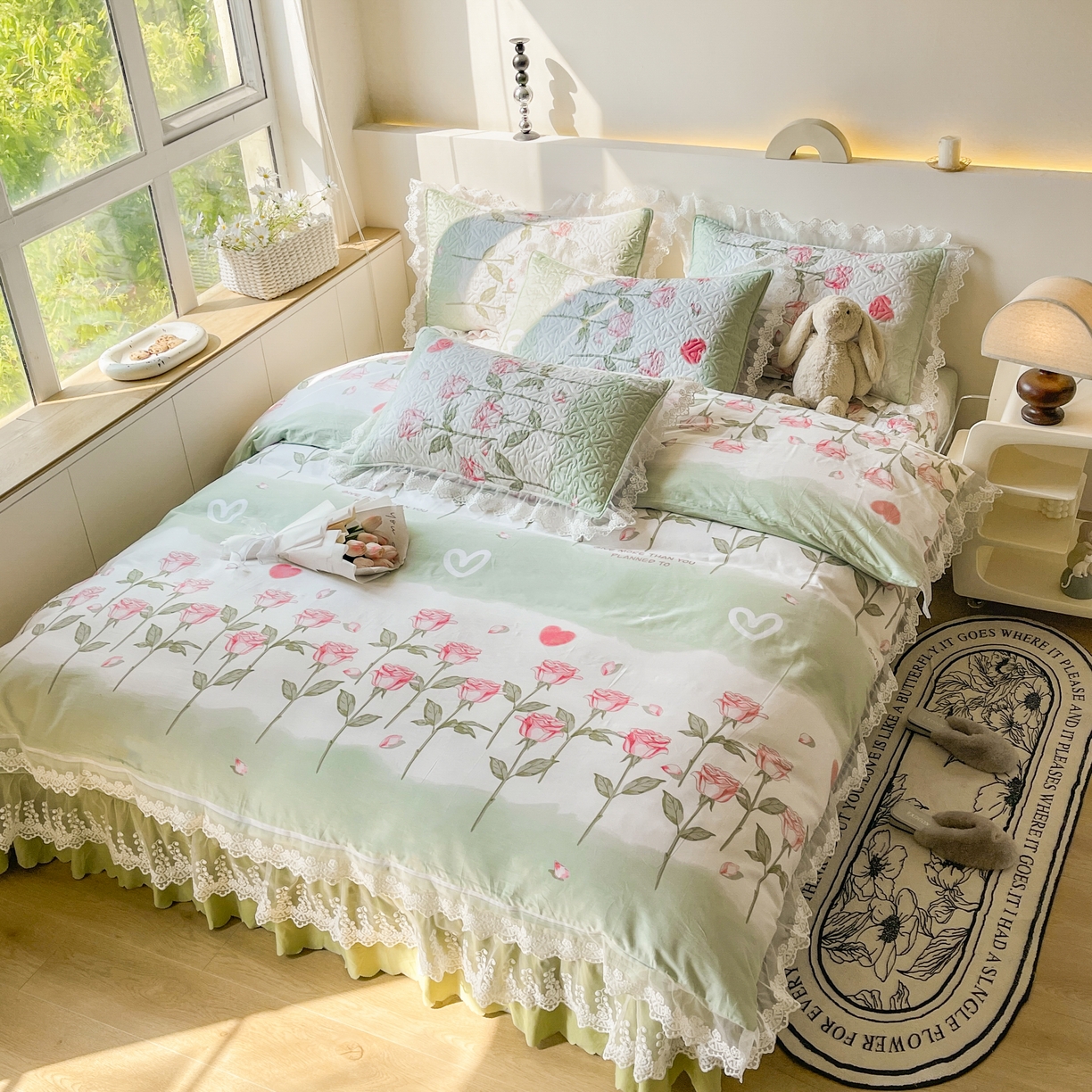 91家纺网 家纺一手货源 找家纺 添越2024小清新韩版蕾丝款花边纯棉夹棉床盖三件套全棉 玫瑰之约蕾丝款