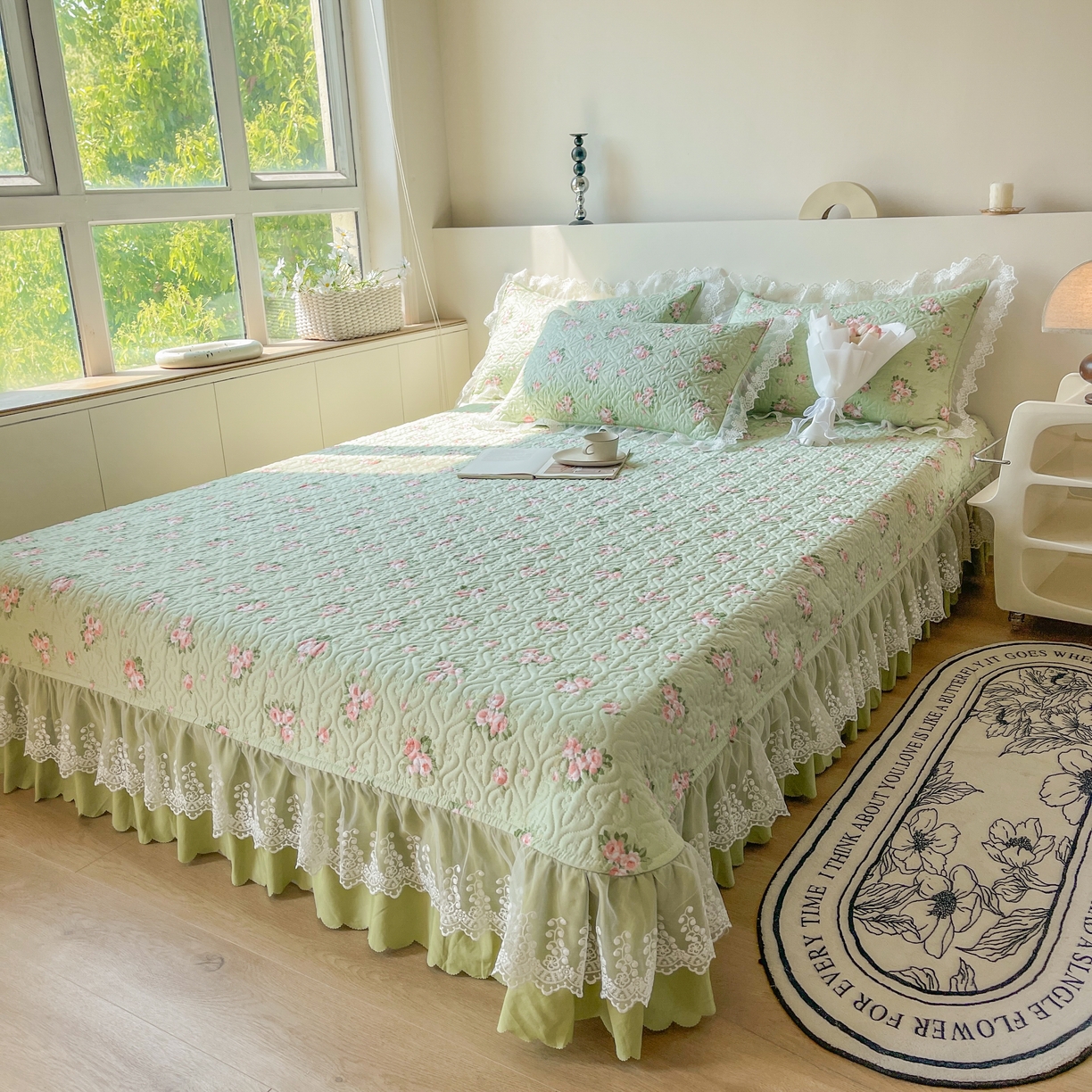 91家纺网 家纺一手货源 找家纺 添越2024小清新韩版蕾丝款花边纯棉夹棉床盖三件套全棉 芊芊花园蕾丝款