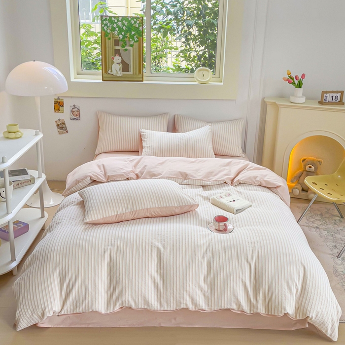 91家纺网 家纺一手货源 找家纺 千朵 2023新款全棉色织条纹四件套 色织条纹粉玉