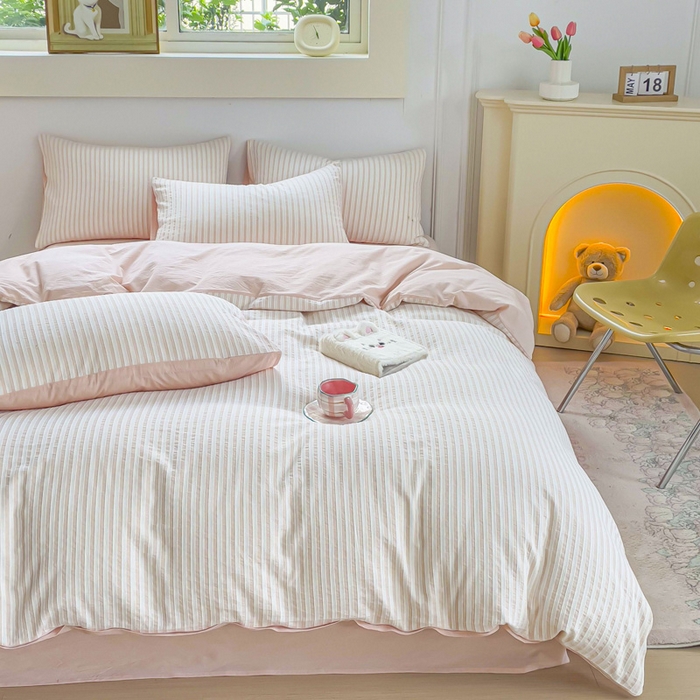 91家纺网 家纺一手货源 找家纺 千朵 2023新款全棉色织条纹四件套 色织条纹粉玉