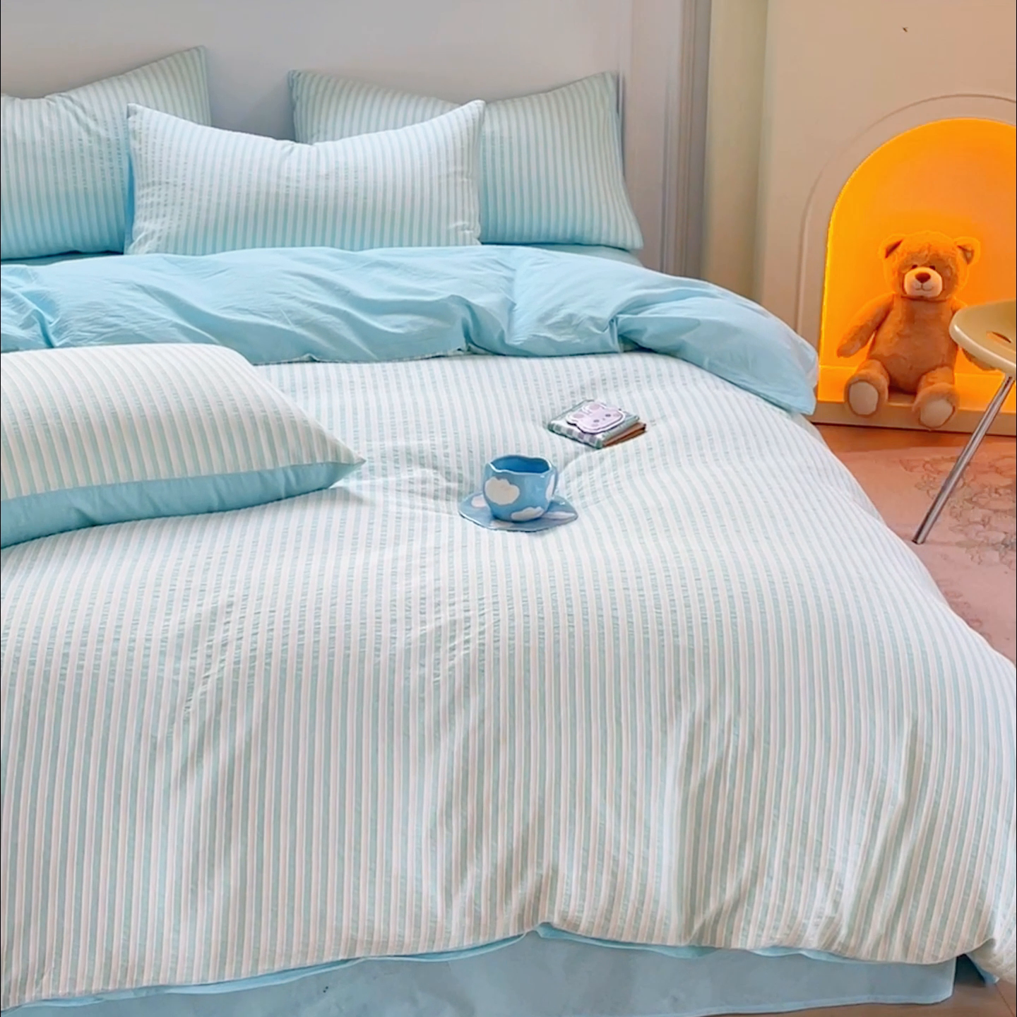 91家纺网 家纺一手货源 找家纺 千朵 2023新款全棉色织条纹四件套 色织条纹蓝