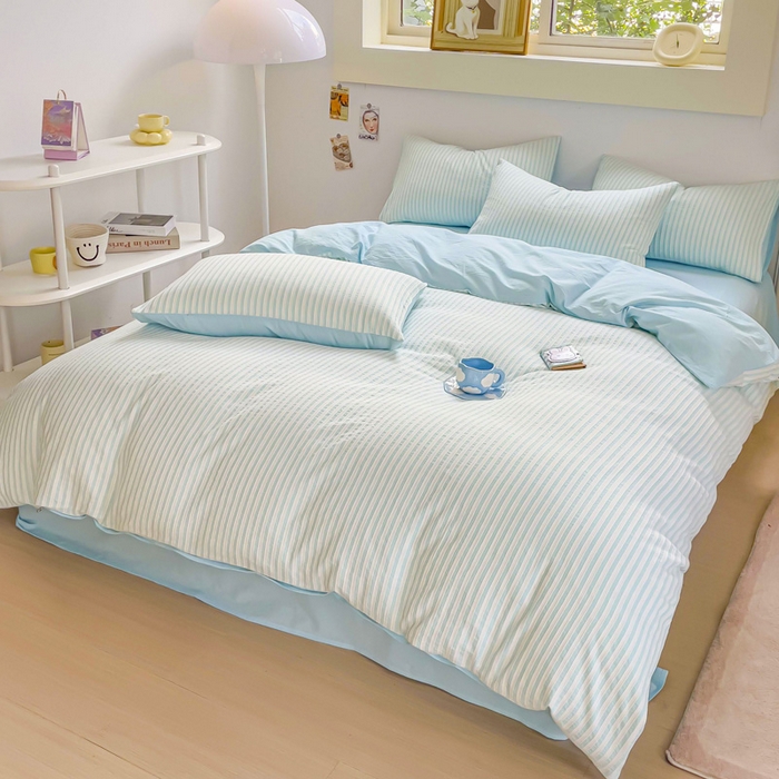 91家纺网 家纺一手货源 找家纺 千朵 2023新款全棉色织条纹四件套 色织条纹蓝