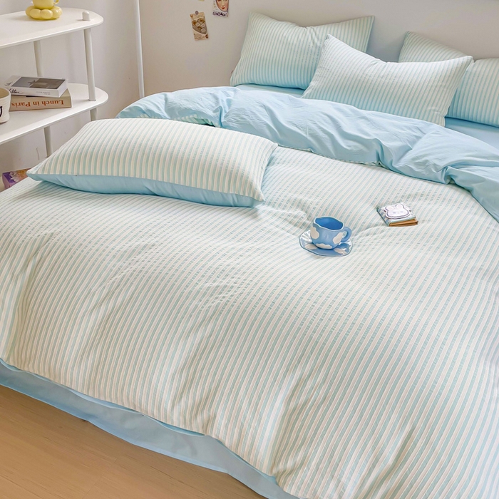 91家纺网 家纺一手货源 找家纺 千朵 2023新款全棉色织条纹四件套 色织条纹蓝