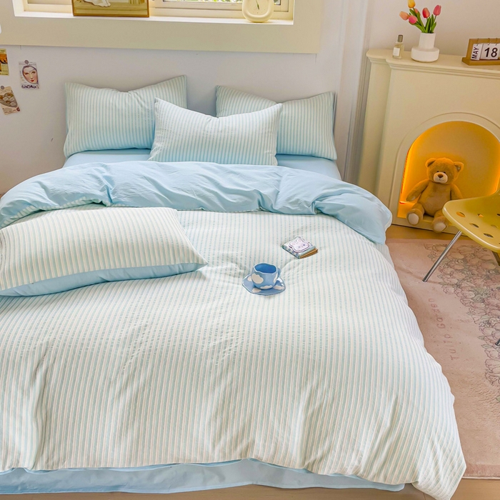 91家纺网 家纺一手货源 找家纺 千朵 2023新款全棉色织条纹四件套 色织条纹蓝