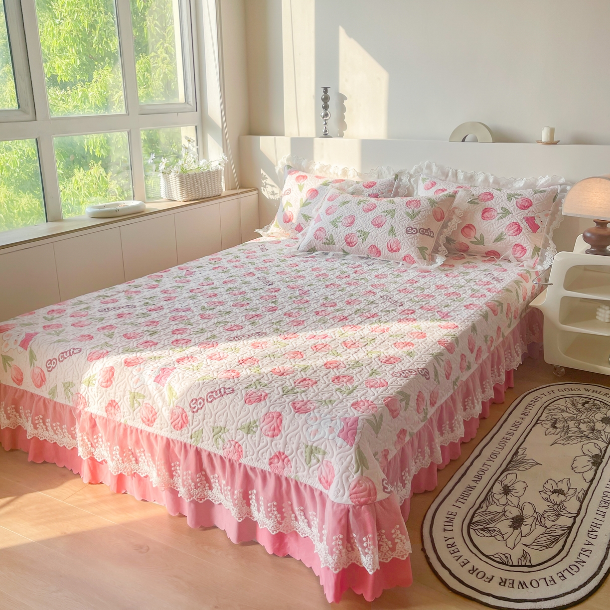 91家纺网 家纺一手货源 找家纺 添越2024小清新韩版蕾丝款花边纯棉夹棉床盖三件套全棉 花仙兔 蕾丝款