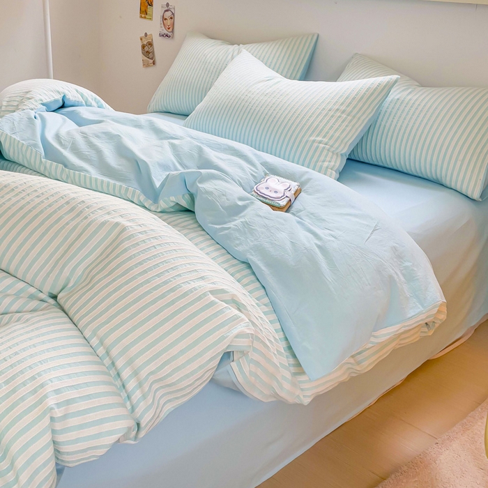 91家纺网 家纺一手货源 找家纺 千朵 2023新款全棉色织条纹四件套 色织条纹蓝