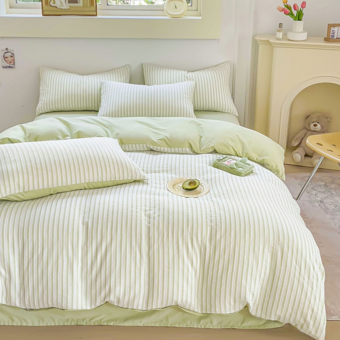 91家纺网 家纺一手货源 找家纺 千朵 2023新款全棉色织条纹四件套 色织条纹绿