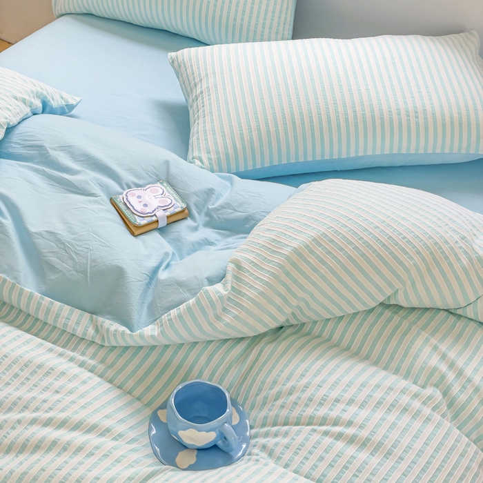 91家纺网 家纺一手货源 找家纺 千朵 2023新款全棉色织条纹四件套 色织条纹蓝