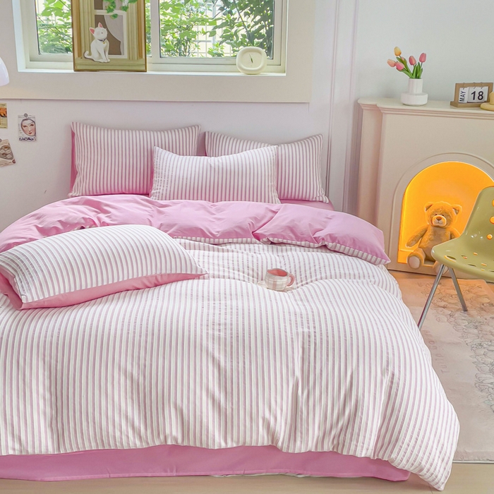 91家纺网 家纺一手货源 找家纺 千朵 2023新款全棉色织条纹四件套 色织条纹玫红