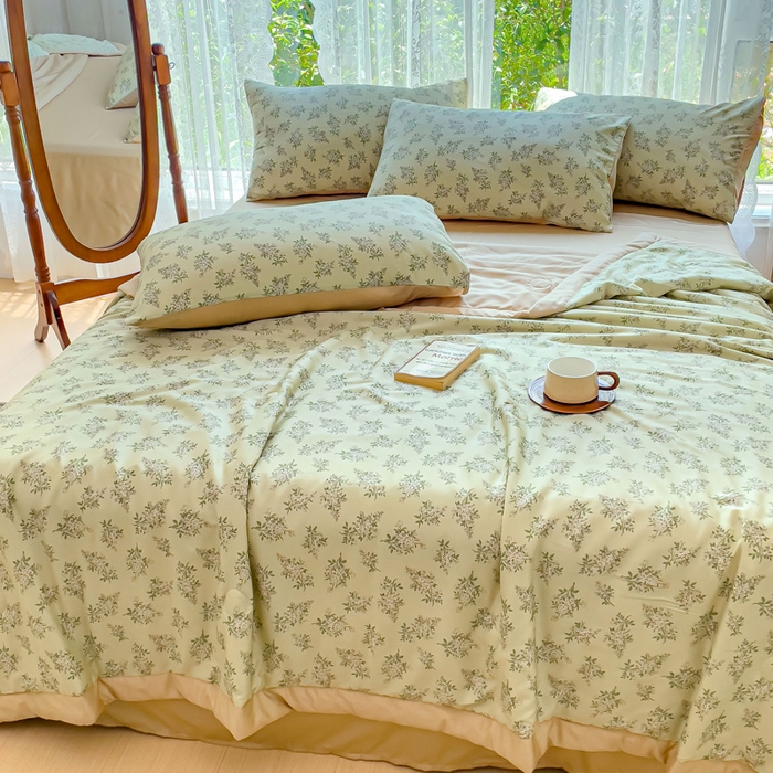 91家纺网 家纺一手货源 找家纺 千朵 2023新款冰激凌莱赛尔纤维系列夏被四件套 柠染绿