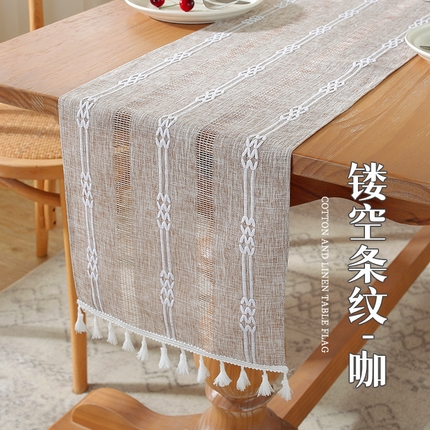 91家纺网 家纺一手货源 找家纺 南通大梧纺织 2023新款简约文艺棉麻镂空条纹系列桌旗 镂空条纹-咖
