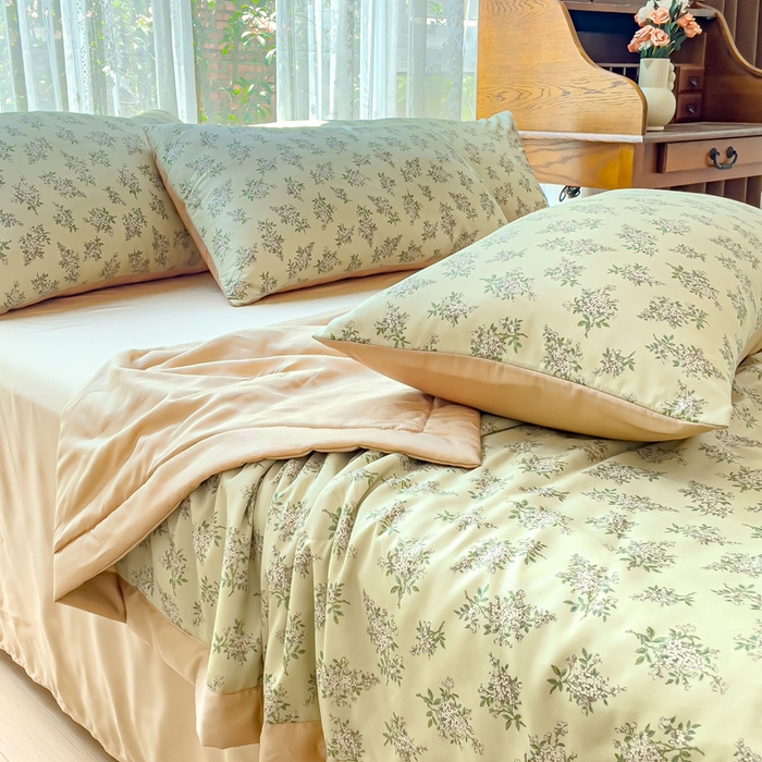 91家纺网 家纺一手货源 找家纺 千朵 2023新款冰激凌莱赛尔纤维系列夏被四件套 柠染绿