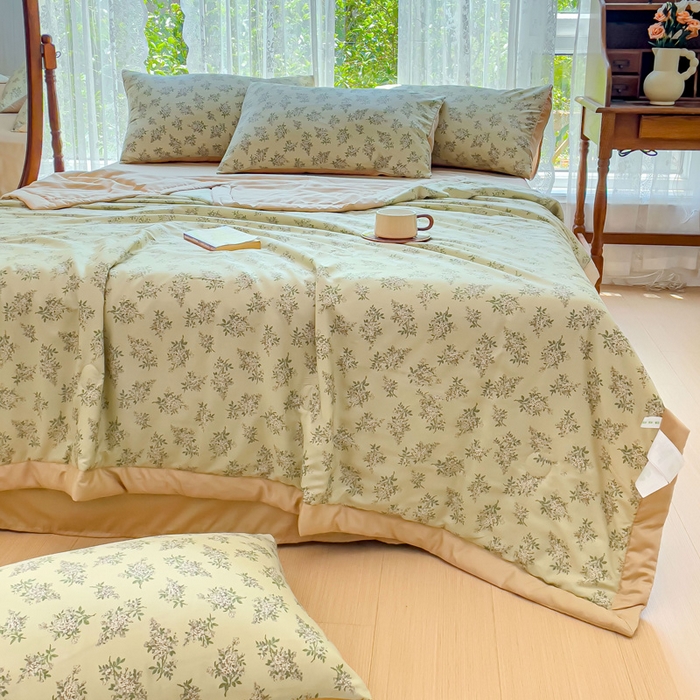 91家纺网 家纺一手货源 找家纺 千朵 2023新款冰激凌莱赛尔纤维系列夏被四件套 柠染绿