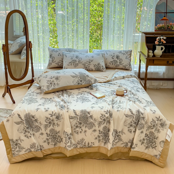 91家纺网 家纺一手货源 找家纺 千朵 2023新款冰激凌莱赛尔纤维系列夏被四件套 恋馨黑