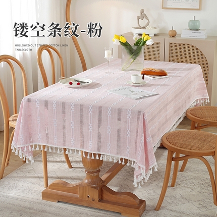 （总）南通大梧纺织 2023新款简约文艺棉麻镂空条纹系列桌布